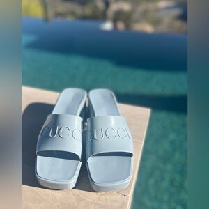 Authentic Gucci Rubber Logo Platform Slide Sandals Light Blue 624730 Size 42